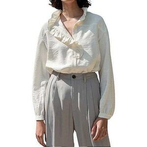 Darling Ruffle Blouse High Collar Long Sleeve Button Down Shirt Cream Medium